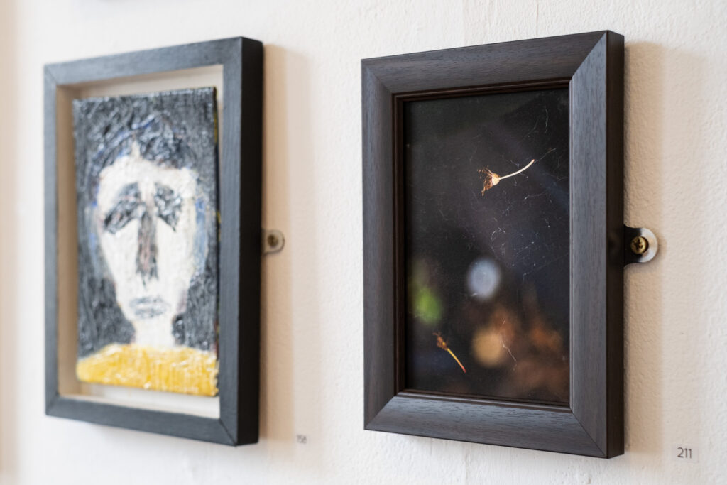 Photograph of two framed 2D works hung on a white wall with mirror plates and screws. The piece to the left is out of focus but appears to be a face in oil paint. To the right is a photograph of dead blossom suspended on cobwebs. The number 211 is visible in the bottom right corner of the frame.